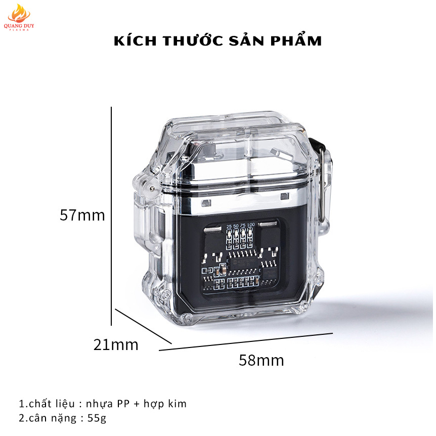 Hộp quẹt điện chống nước vỏ trong suốt, công nghệ 4 tia plasma chống gió sạc pin tiện lợi.