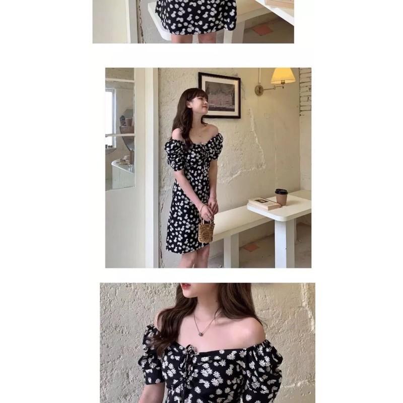 Đầm Nữ Mùa Hè Cổ V Hoa Cúc Tay Phồng Chữ A