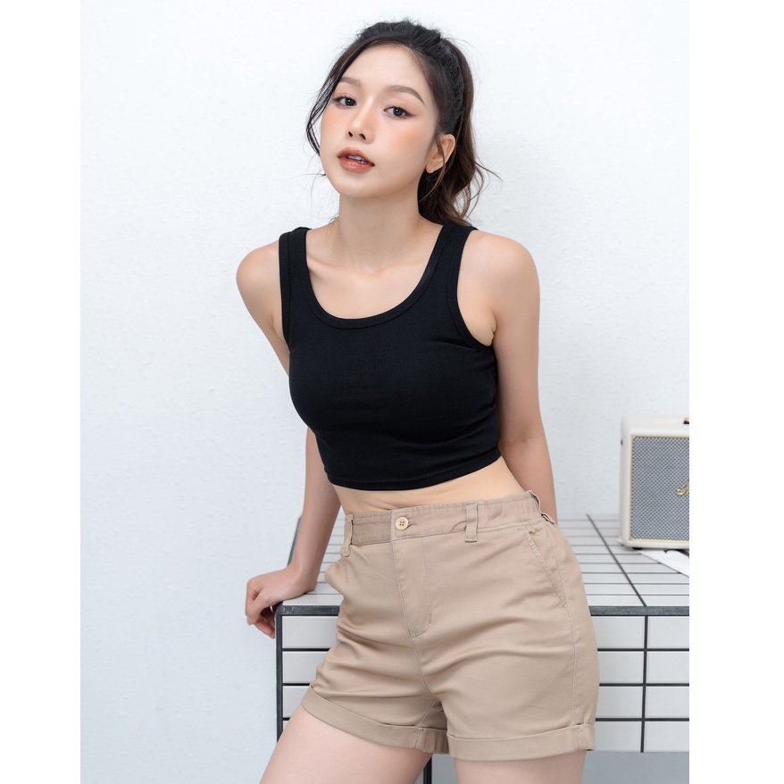 Quần short kaki nữ lưng thun BLOSS - Vải cotton kaki nhung mịn, co giãn phong cách Hàn Quốc GINE STORE