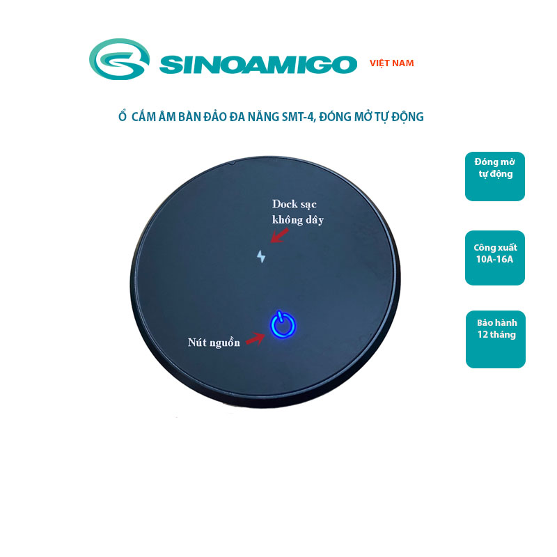 Ổ điện âm bàn đảo bếp hình trụ Sinoamigo SMT-4, nâng hạ tự động, tích hợp sạc không dây - Hàng nhập khẩu chính hãng