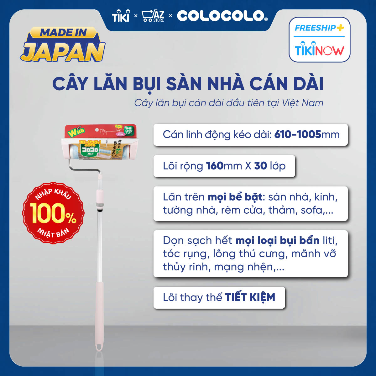 Cây Lăn Bụi Sàn Nhà Đa Năng Cán Dài COLOCOLO - Nhiều Màu