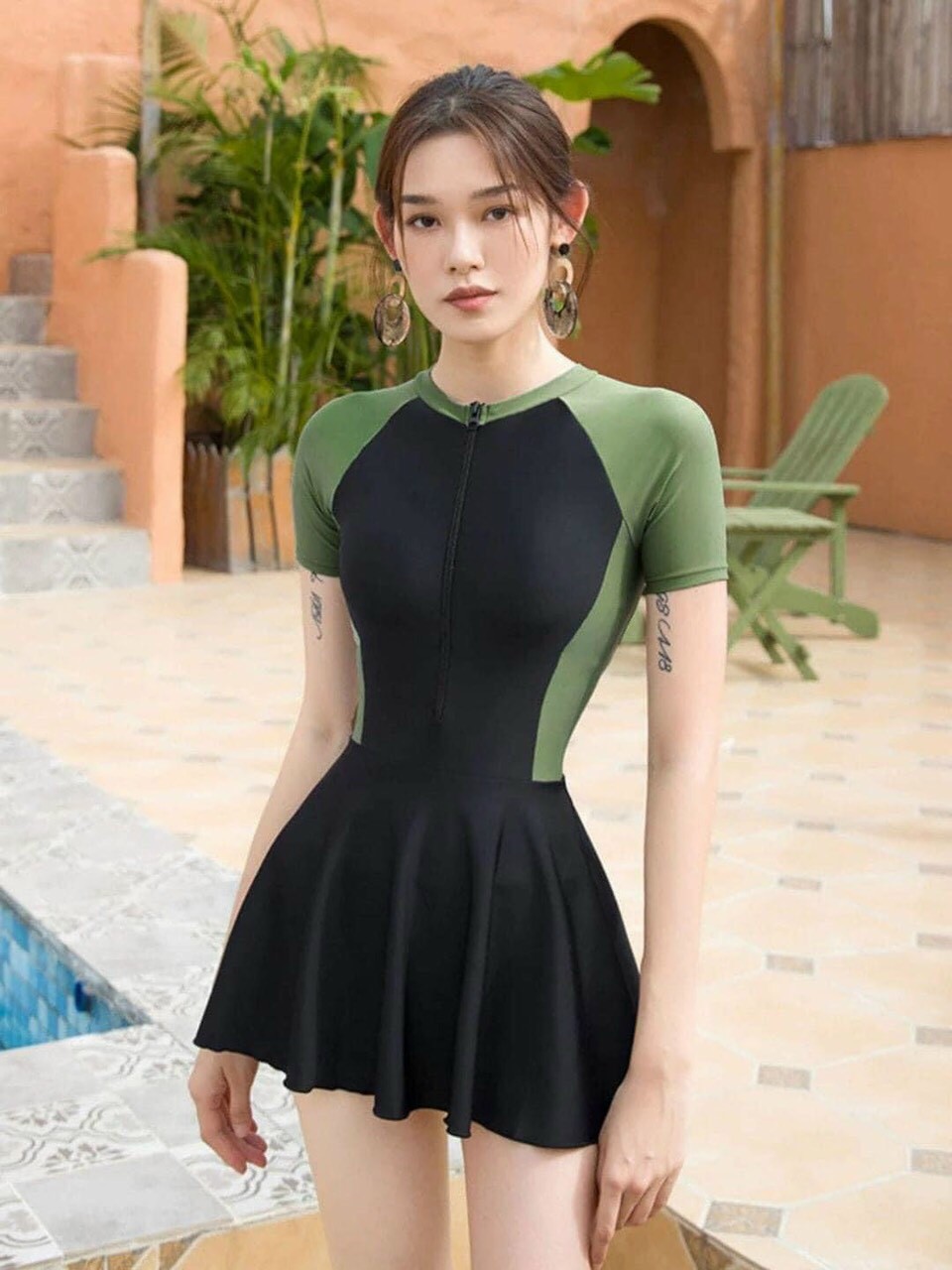 Váy Tắm Biển Nữ Ngắn Tay Liền Thân Chống Nắng