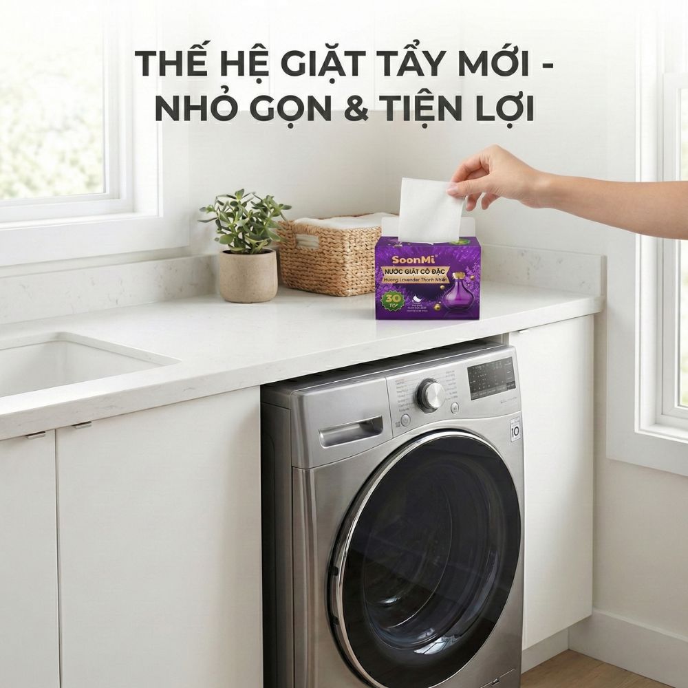 Nước Giặt Cô Đặc SoonMi Hương Lavender - Công Nghệ Giặt Tẩy Thế Hệ Mới (Hộp 30 Tờ) - hàng chính hãng