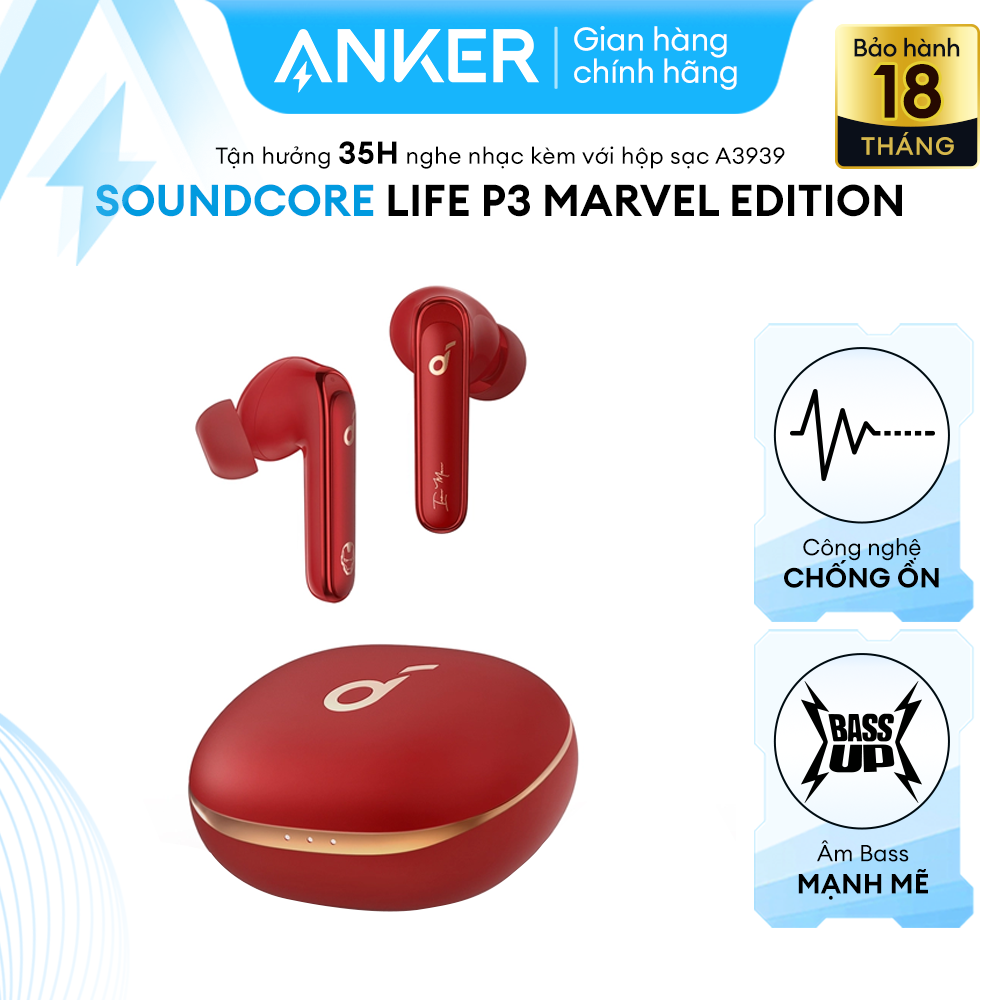 Tai nghe không dây SOUNDCORE (by Anker) Life P3 Marvel Edition, chống ồn chủ động ANC, chống nước IPX5, thời gian dùng 35 giờ, sạc nhanh 10p nghe 2 tiếng, 6 micro thu âm hỗ trợ giảm nhiễu ồn môi trường - A3939H