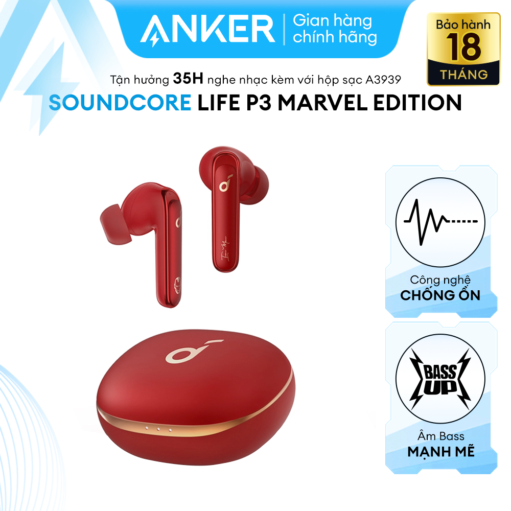Tai nghe không dây SOUNDCORE Life P3 Marvel Edition, chống ồn chủ động ANC, chống nước IPX5, thời gian dùng 35 giờ, sạc nhanh 10p nghe 2 tiếng, 6 micro thu âm hỗ trợ giảm nhiễu ồn môi trường - A3939H