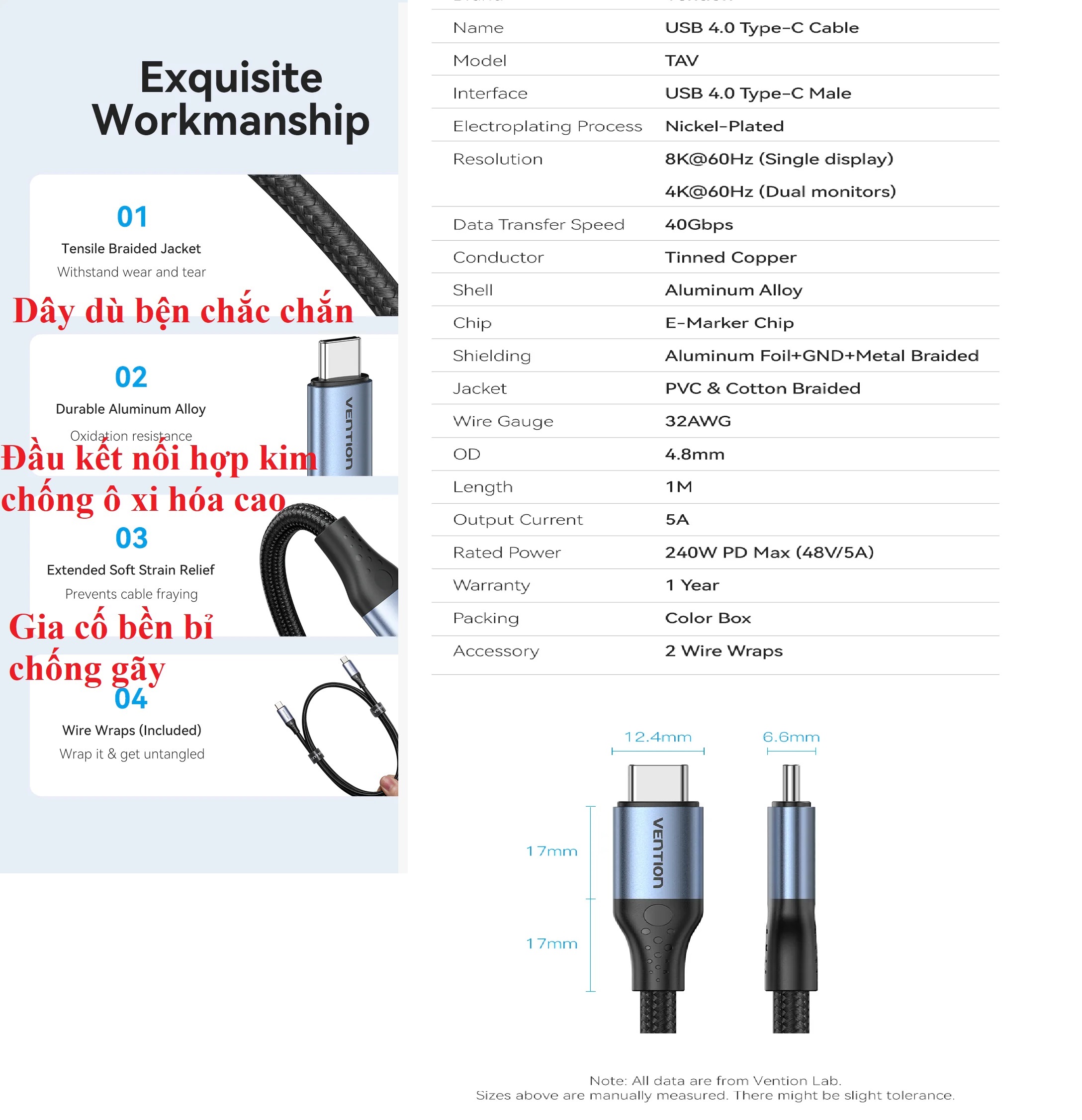 Cáp C to C USB4.0 chuyển video hình ảnh 8K @60Hz công suất 240W Vention TAV _  hàng chính hãng