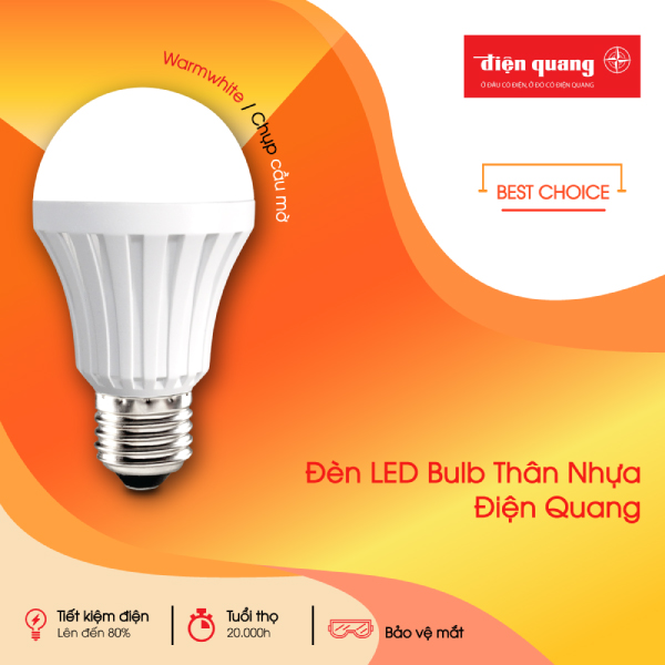 Đèn led bulb thân nhựa Điện Quang ĐQ LEDBUA70 07727 (7W Warmwhite chụp cầu mờ)