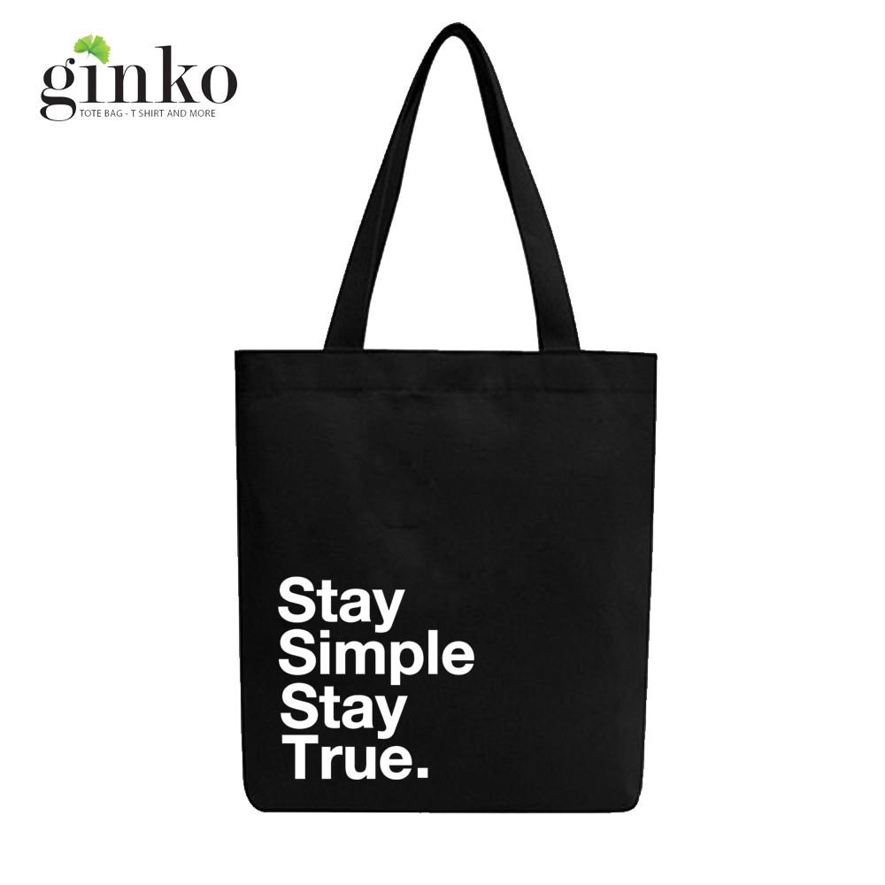 Túi Tote Vải Canvas Ginko kiểu basic có dây kéo khóa miệng túi( có túi con bên trong) đựng vừa laptop 14 inch và nhiều đồ dùng khác Phong Cách ulzzang Hàn Quốc In Hình Stay Simple Stay True B07