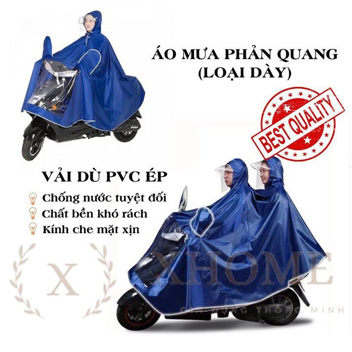 Áo Mưa 2 Đầu Phản Quang Đi Xe Máy Vải Dù, Ép PVC Chống Rách Có Kính Che Trước Mặt