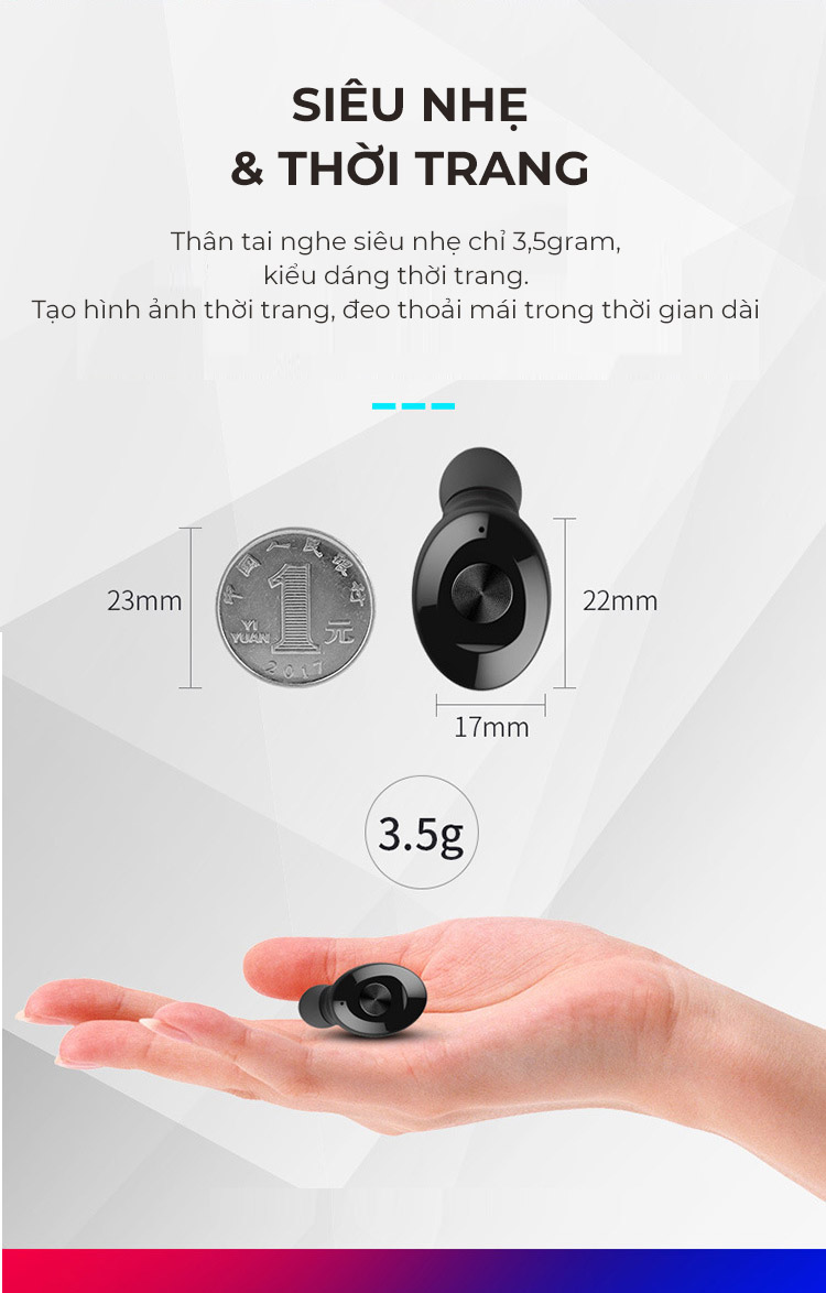 Tai nghe nhạc Bluetooth không dây siêu Mini fullbox, chống nước và chống bụi IPX5 - Hàng chính hãng