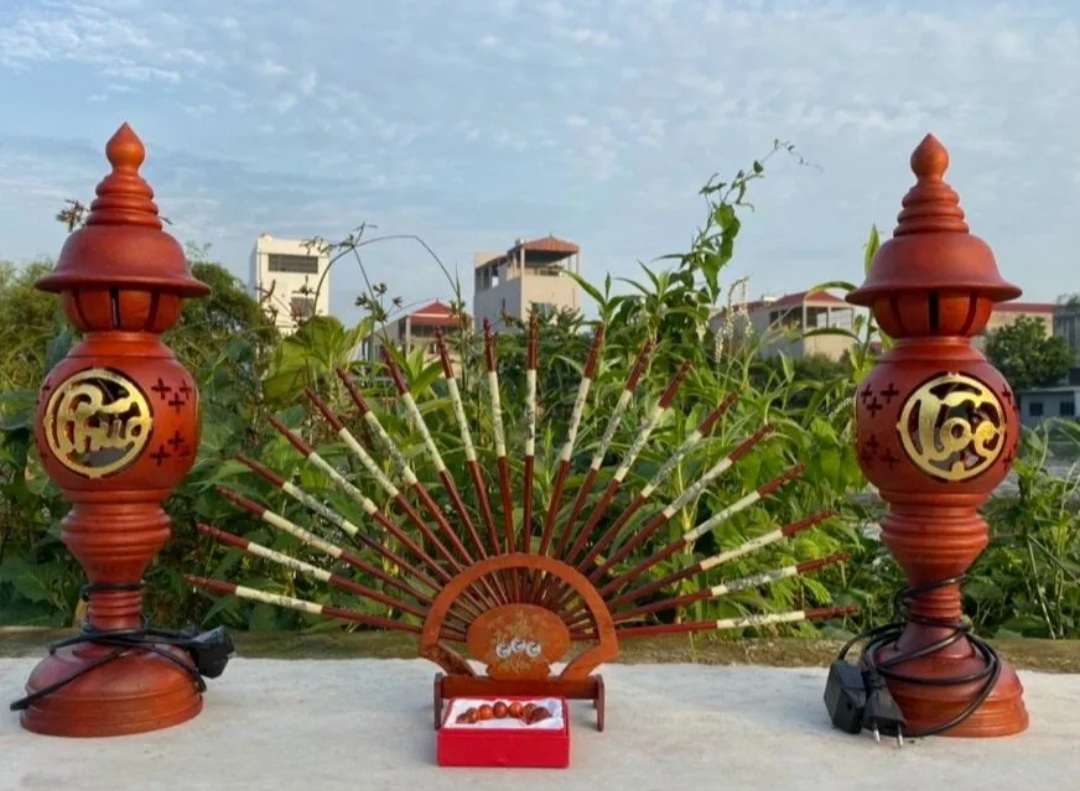 Cặp đèn thờ tổ ông Phúc Lộc Thọ nhũ vàng cao 23 cm