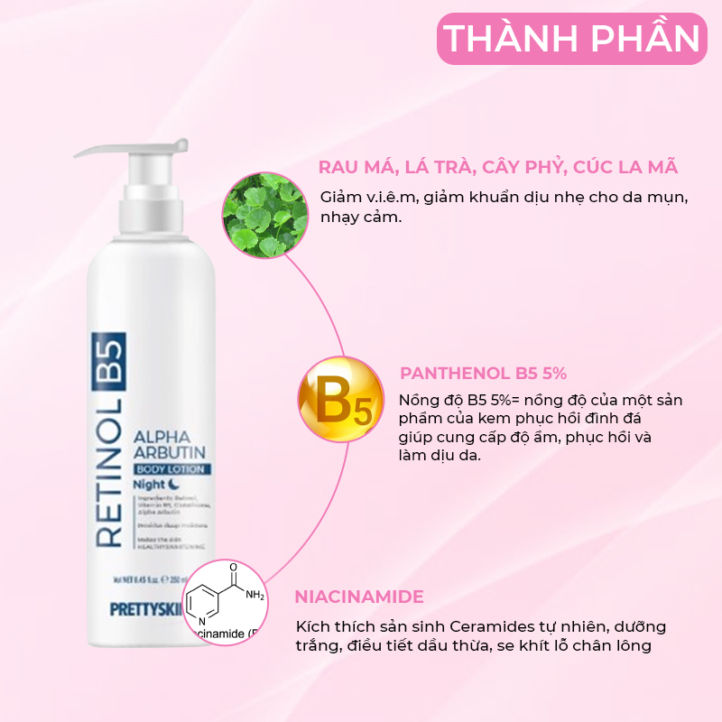 Kem Dưỡng Thể Ban Đêm Tái Tạo, Phục Hồi Làn Da Body Treatment Pretty Skin Retinol B5 Alpha Arbutin Body Lotion 250ml