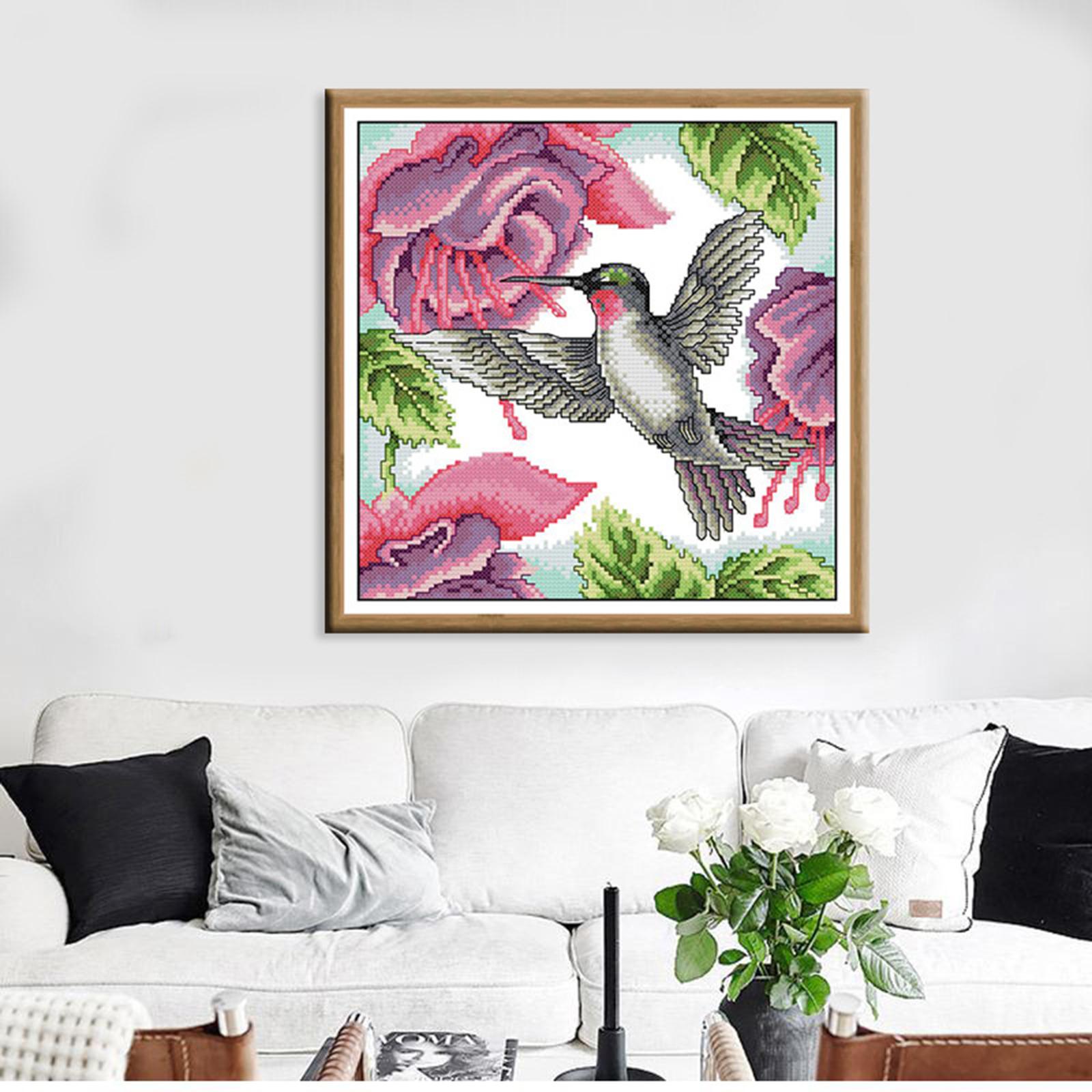 Stamped Cross Stitch Kits for Beginners, Preprinted Cross Stitch Kits Hummingbird Flowers, DIY Embroidery Kit Gifts for Women/Mom