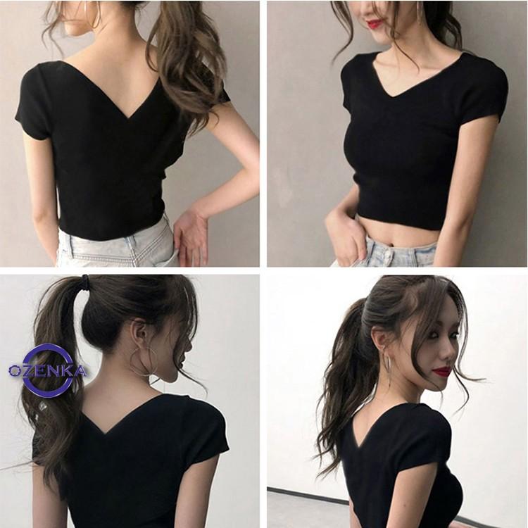 Áo croptop cổ chữ v dáng ôm , áo kiểu crt tay ngắn sexy nữ đen trắng vải thun gân 100% cotton CRTV 258