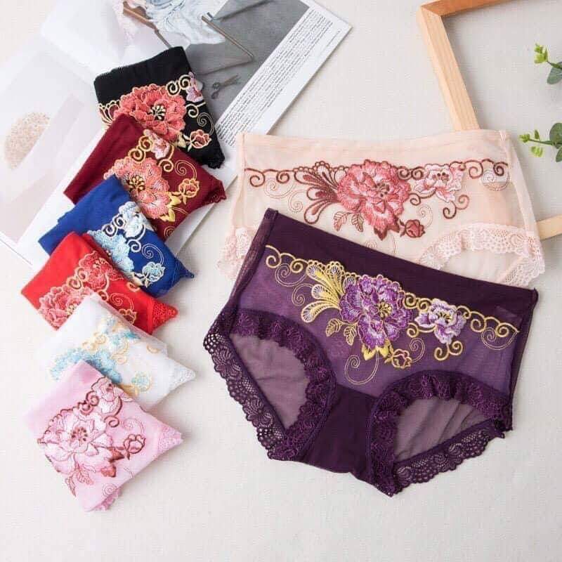 Combo 5 Chiếc Quần Lót Nữ Ren Hoa Thêu Cạp cao Sexy Gợi cảm fom to từ 48- 58kg