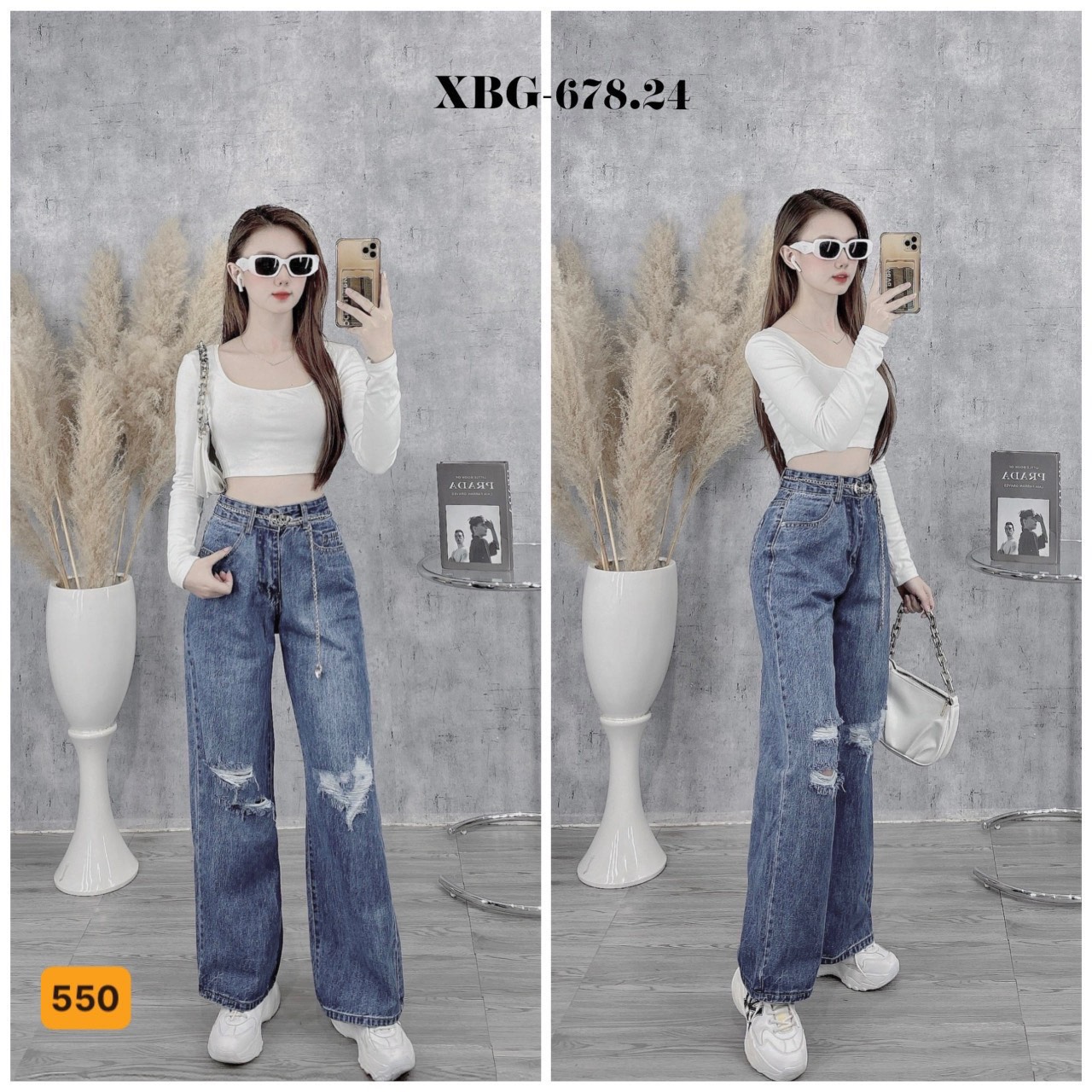 QUẦN JEAN DÀI ỐNG RỘNG LƯNG CAO RÁCH - QUẦN BÒ NỮ CULOTTES SUÔNG MẪU MỚI 2023 MS550