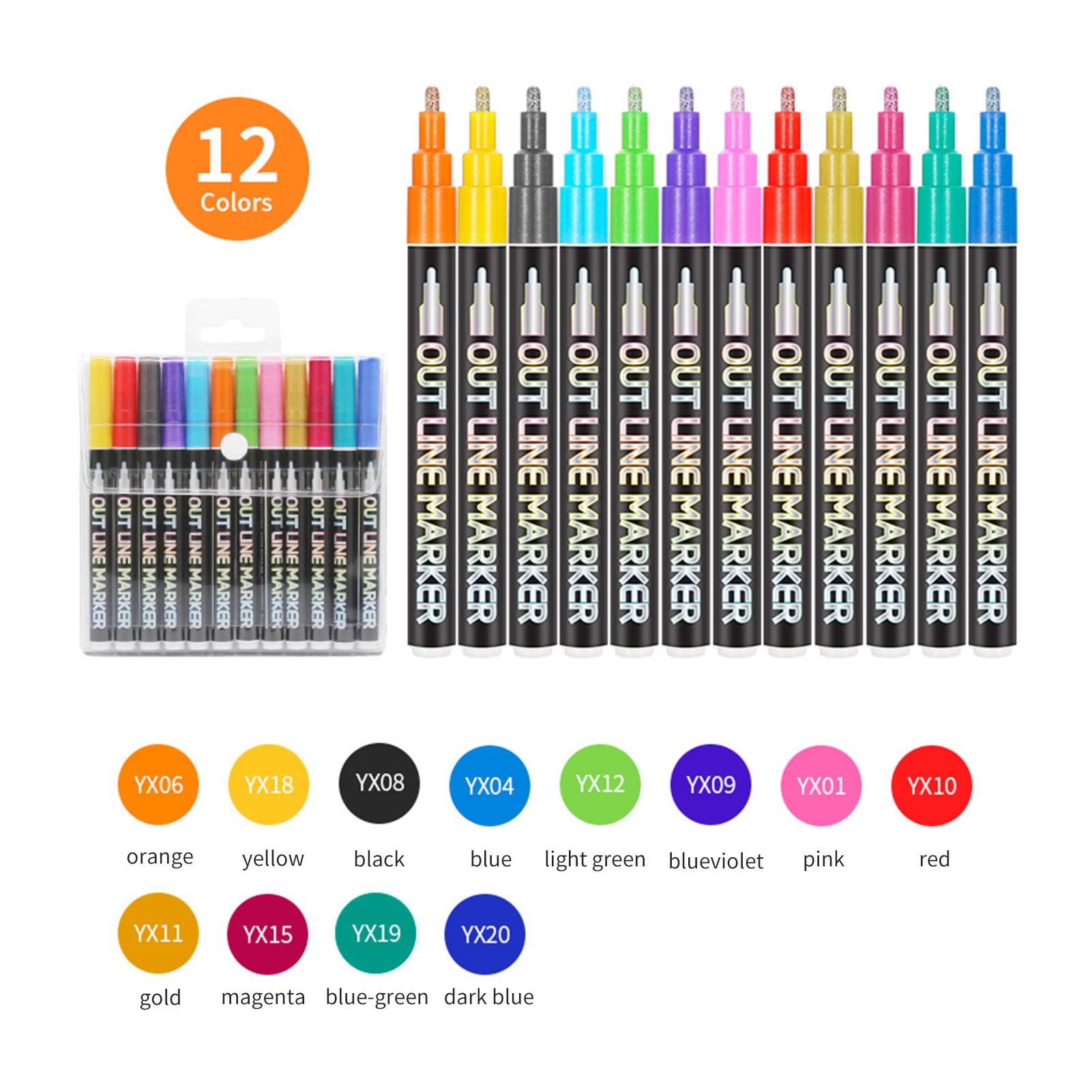 12 Colors Metallic Markers Outline Paint Pens 2-3mm Line DIY Scrapbooking for Black Paper Photo Album CD Surface Stone