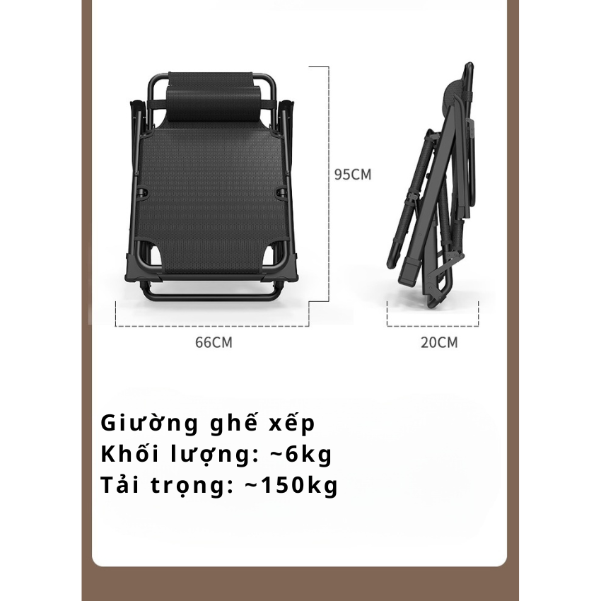 Ghế Giường Xếp Thư Giãn Gối Đầu, Ngả Lưng 180 Độ, Ghế Gấp Gọn Kèm Đệm Black