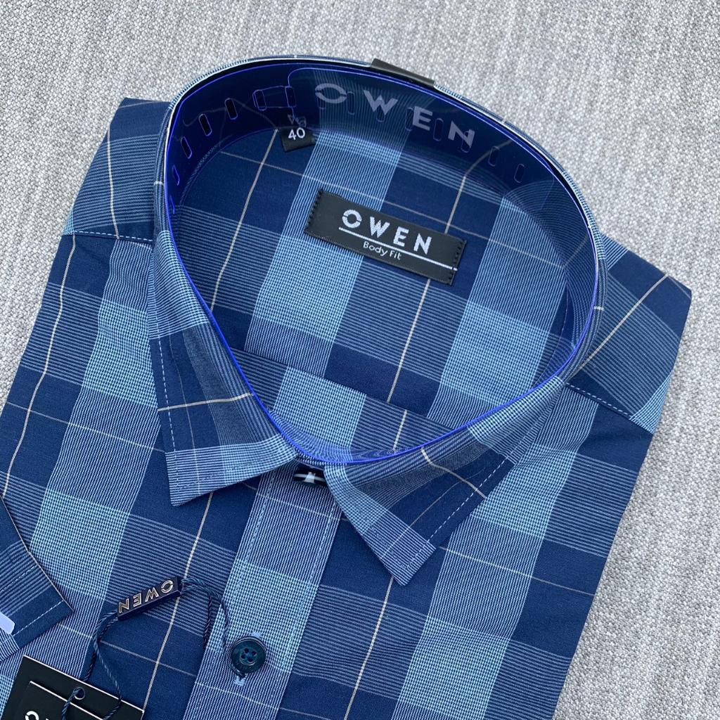 OWEN - Áo Sơ mi dài tay Owen vạt ngang chất bạc hà kẻ ca rô xanh navy 230115