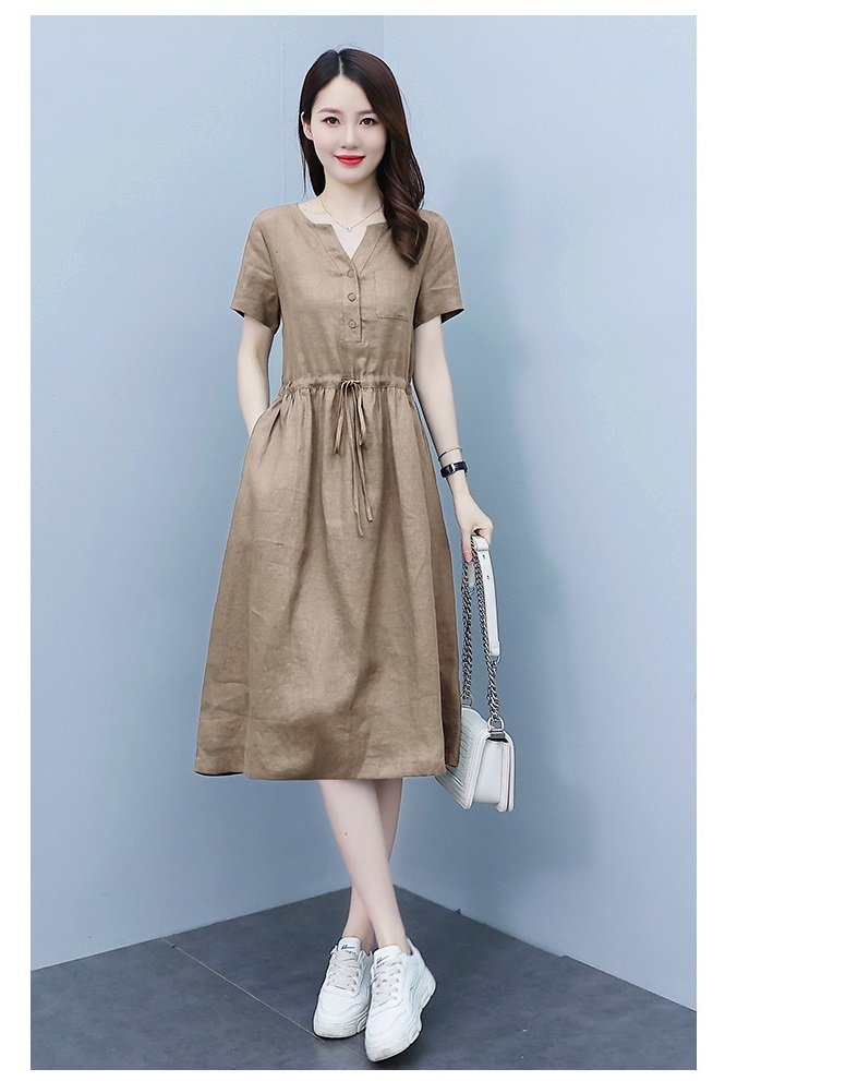 Đầm suông nữ vải Linen rút eo cổ V tay ngắn da218