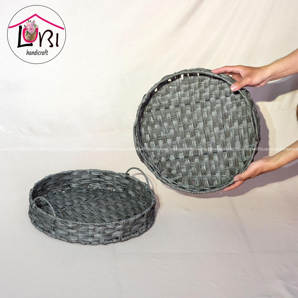 Lubihandicraft - Khay tròn đựng đồ đan dây nhựa xám quai cầm bán nguyệt - xinh xắn