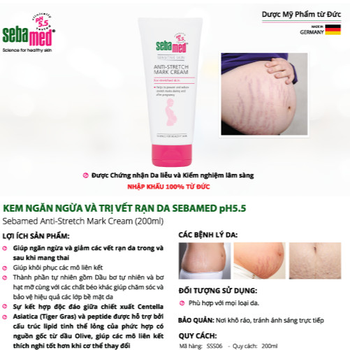 Kem ngăn ngừa và giảm vết rạn da Sebamed pH 5.5 Anti-Stretch Mark Cream 200ml (Nhập khẩu)