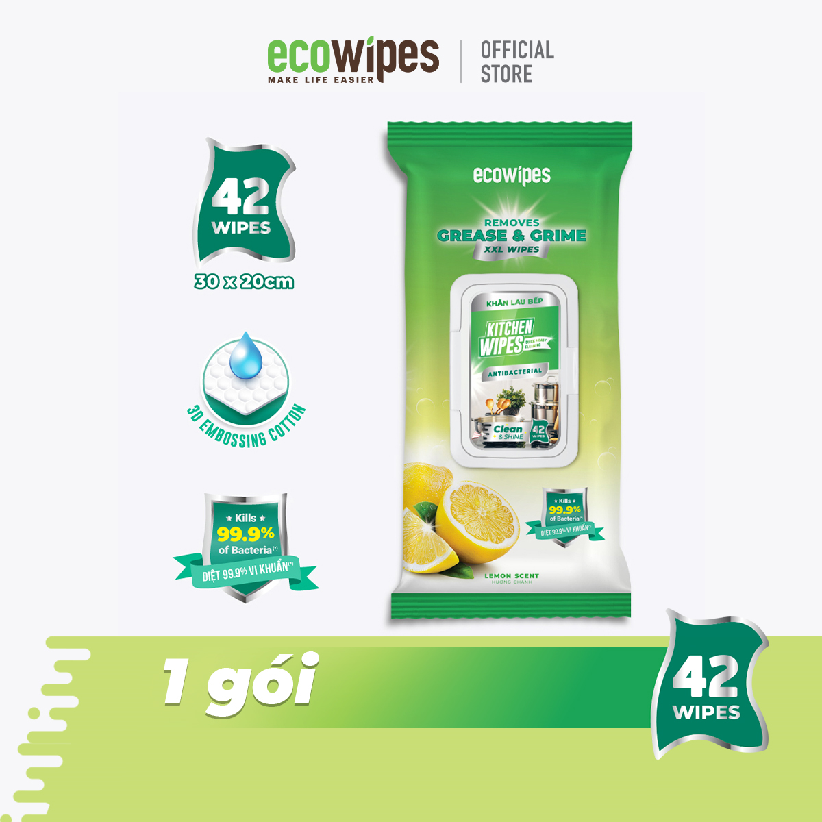 Khăn giấy ướt lau bếp Ecowipes khổ lớn 30x20 cm Kitchen Wipes gói 42 tờ loại bỏ dầu mỡ và vết bẩn nhanh chóng