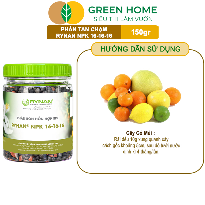 Phân Tan Chậm GreenHome, Rynan NPK 16-16-16, Hũ 150gr, Dùng Cho Cây Có Múi Khỏe Bền Tán Xanh Rễ Mạnh
