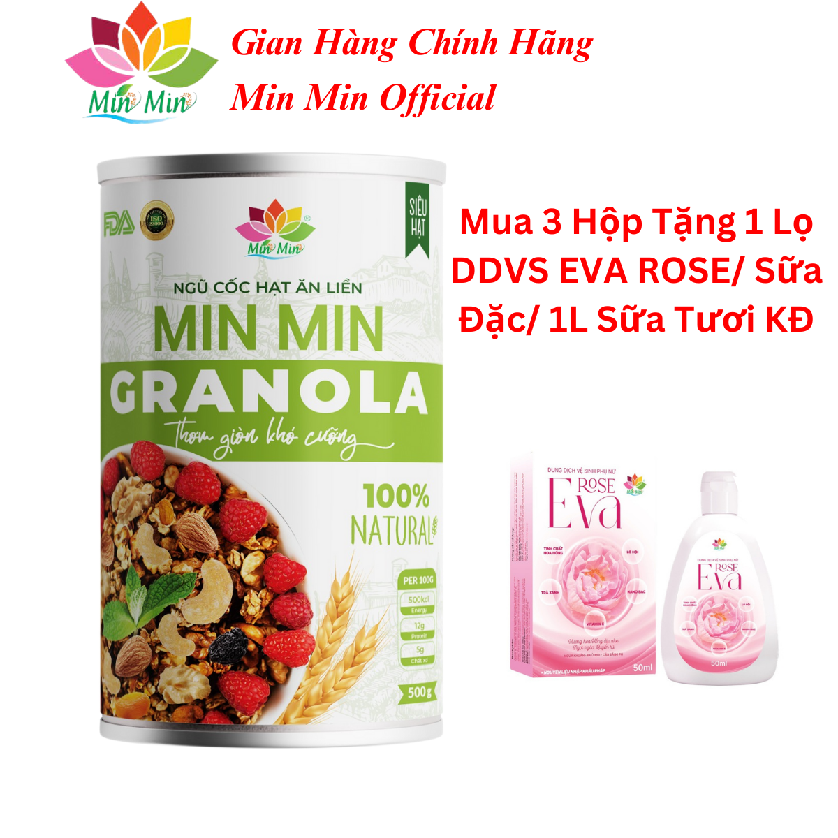 Ngũ Cốc Hạt Min Min Ăn Liền GRANOLA - Ngũ Cốc Ăn Liền Min Min Vị Truyền Thống - Ngũ cốc mix hoa quả xấy (1hộp 500Gr)