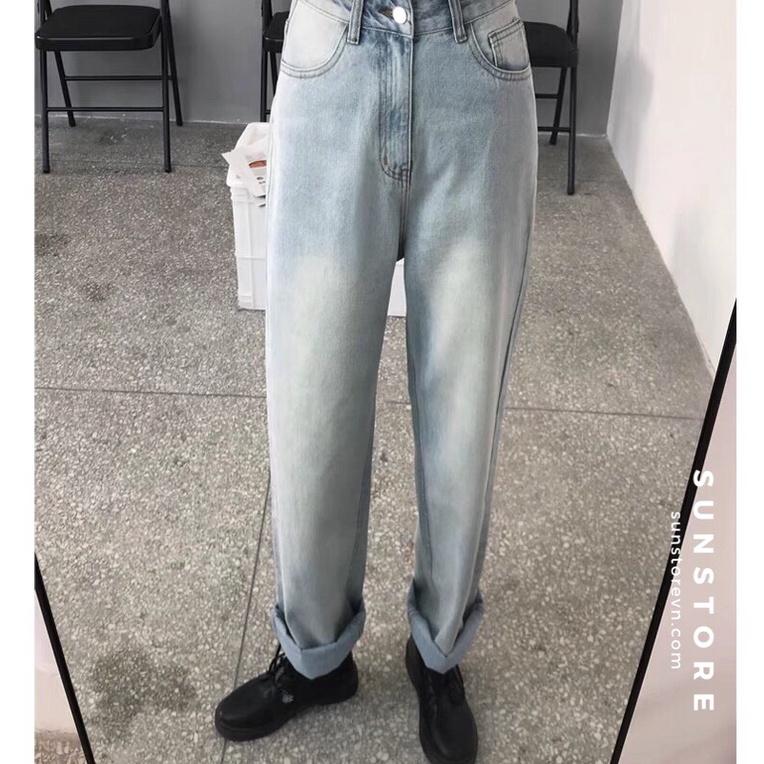 Quần jean nữ lưng cao dáng suông dài màu nhạt Ulzzang