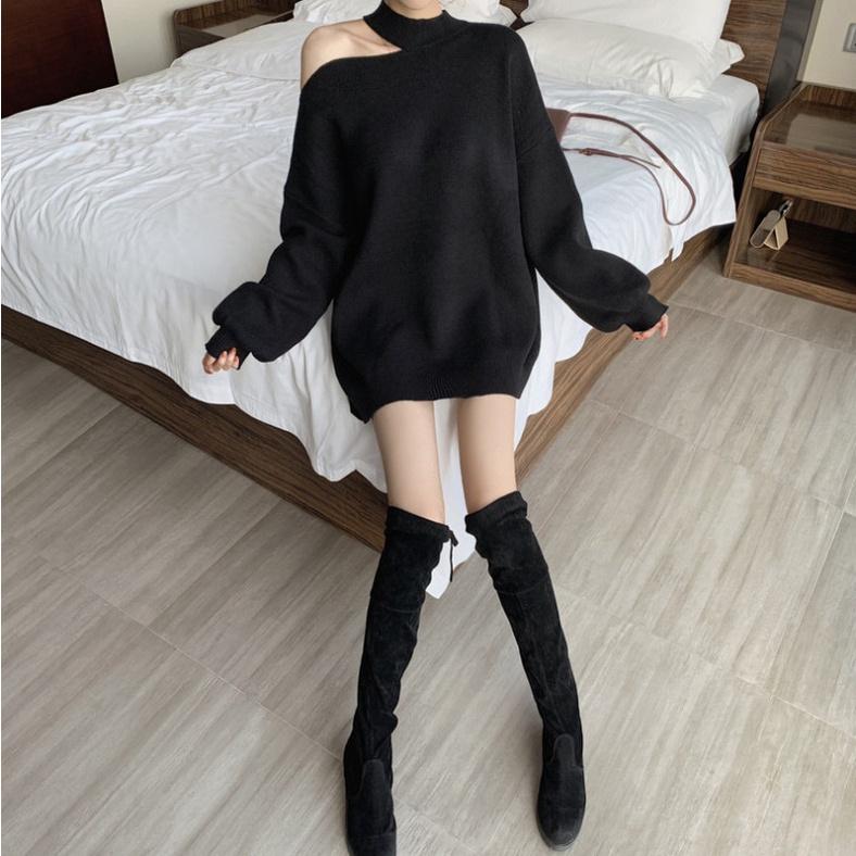 Áo Nỉ Nữ Khoét Vai Dài Tay Dáng Trùm Mông Cá Tính