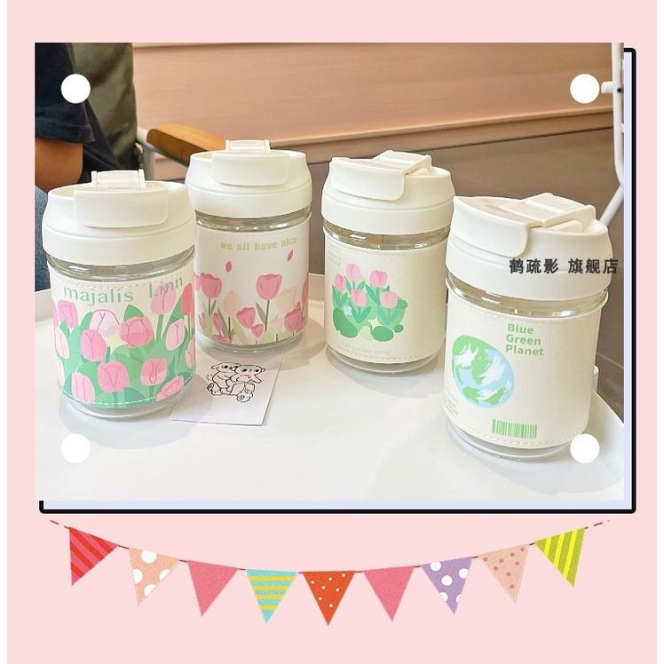 Bình thủy tinh quai hạt ngọc hình hoa tulip có ống hút 400ml