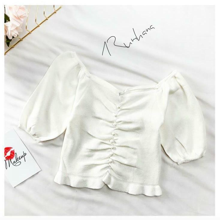 Áo len mông ngắn tay kiểu trễ vai mix hàng cúc tròn H86 RumHana
