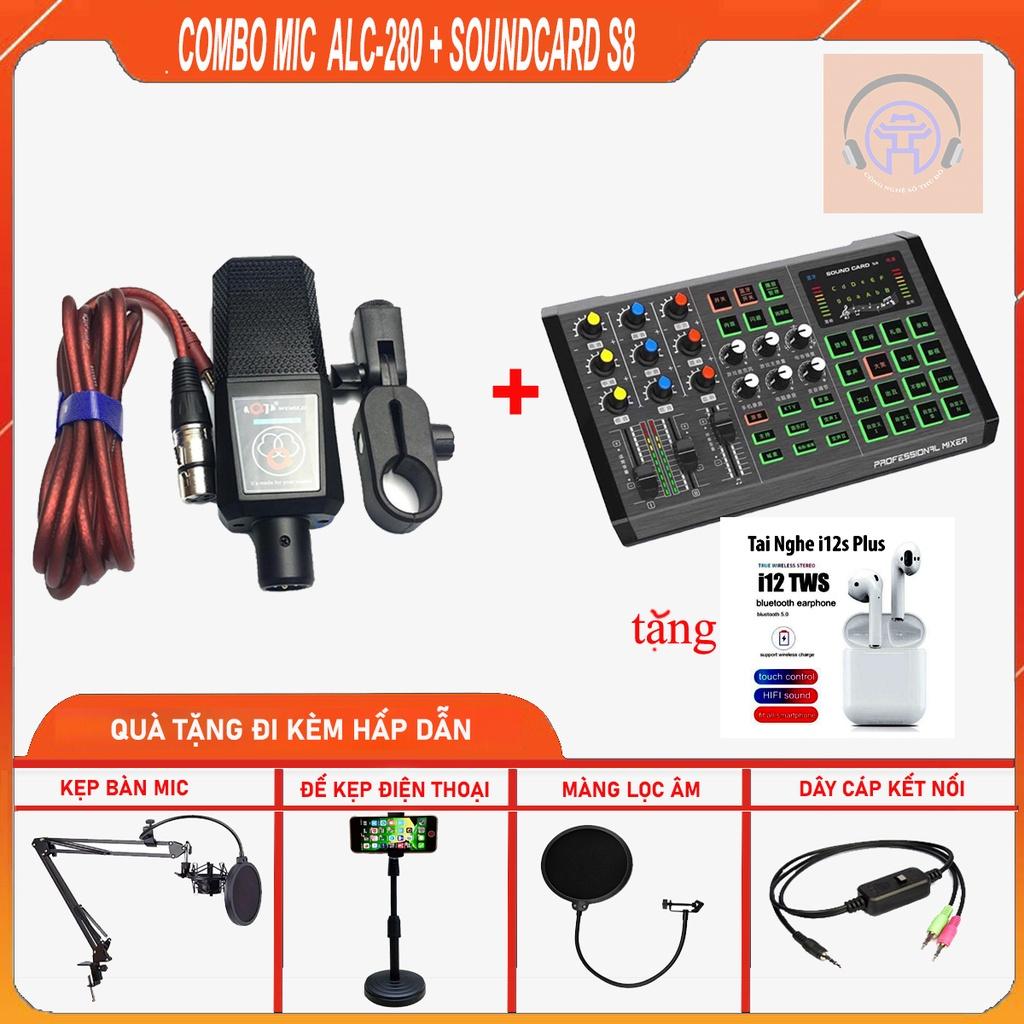 Combo thu âm livestream Mic ALC-280 Và Sound card S8 + Kẹp Điện Thoại + Kẹp Mic + Lọ Âm mới nhất