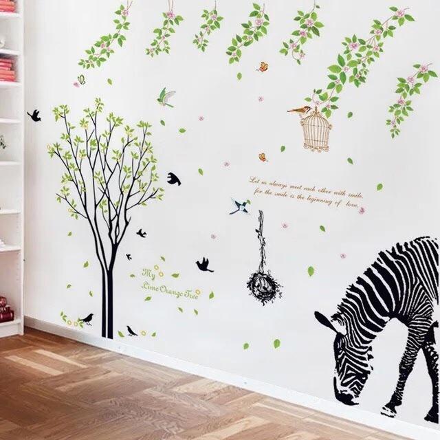 BỘ COMBO DECAL GHÉP ĐÔI dán tường - Thân Cây Chim Đen kết hợp Ngựa Vằn và dây leo lá hoa