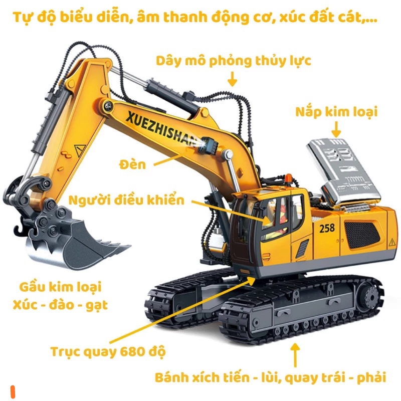 Xe xúc 11 kênh điều khiển từ xa xe múc đất cát điều khiển từ xa gầu sắt hợp kim