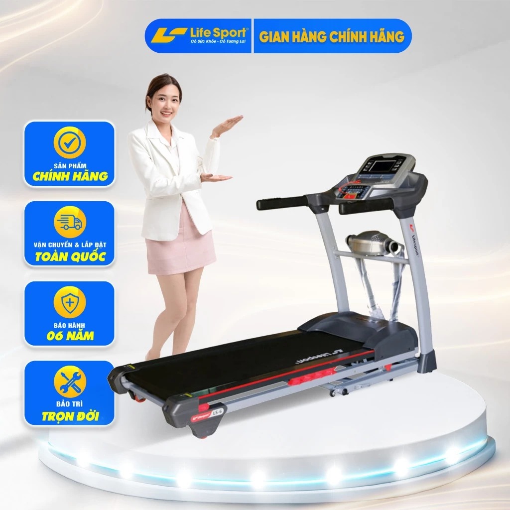 Máy Chạy Bộ Lifesport LS-6, Máy Chạy Bộ Có Tay Cầm Cảm Biến Nhịp Tim, Vùng Chạy Rộng Rãi  Với 7 Lớp Chống Trượt