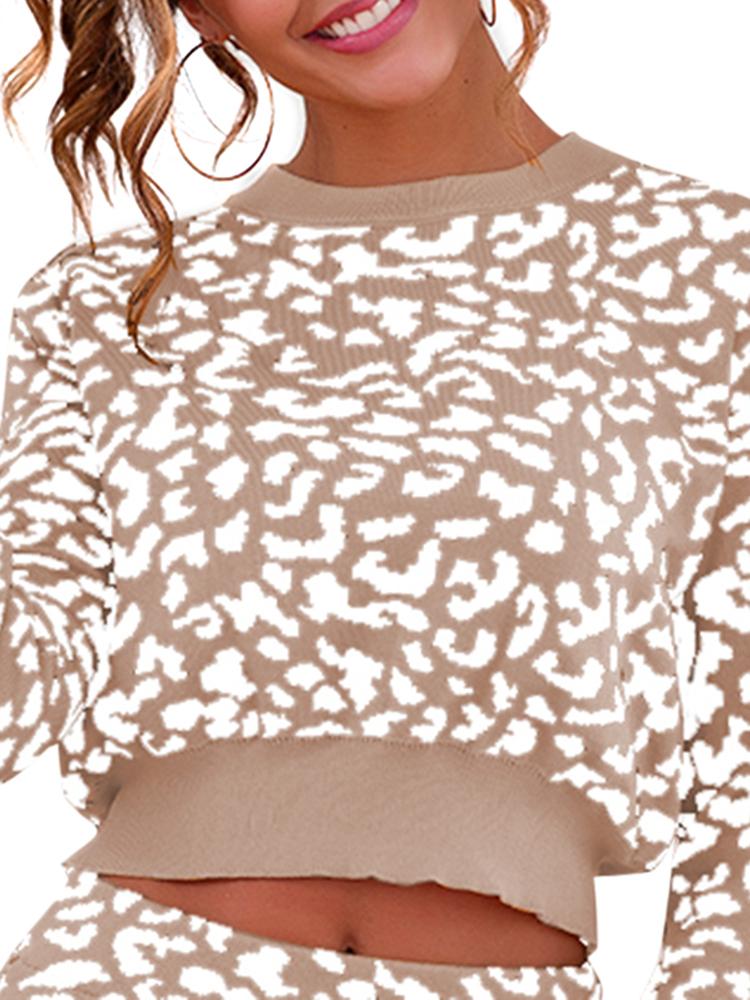 Women Knitted Sweater Crop Top Leopard O Neck Long Sleeves Loose Pullovers Autumn Winter Casual Knitting Top