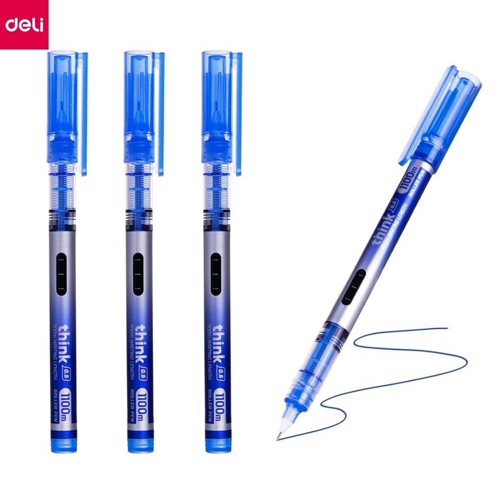 Bút lông kim mực gel nước ngòi 0.5mm mực xanh Deli EQ300 I Bút viết siêu nhanh khô viết êm trơn - 1 cây