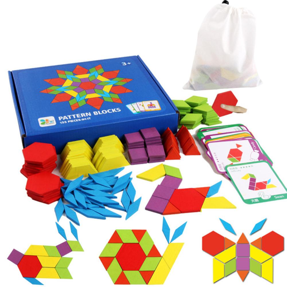 Bộ ghép hình Pattern Block chất liệu gỗ 155 chi tiết- Đồ chơi giáo dục an toàn cho bé từ 3 tuổi phát triển trí tuệ, tư duy sáng tạo
