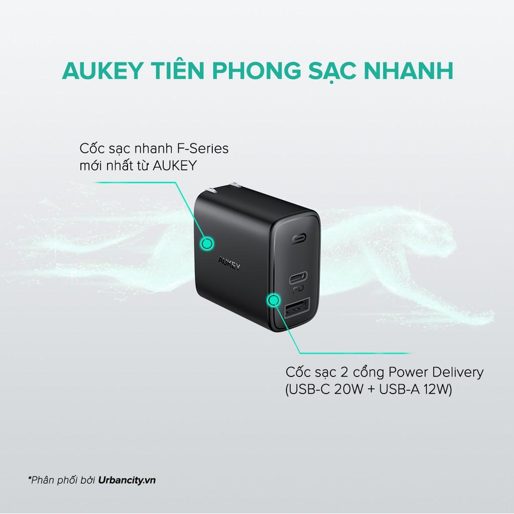 Cốc Sạc Aukey 2 Cổng PA-F3S, Sạc Nhanh Cổng Type C Power Delivery 20W, Cổng USB-A 12W - Hàng Chính Hãng