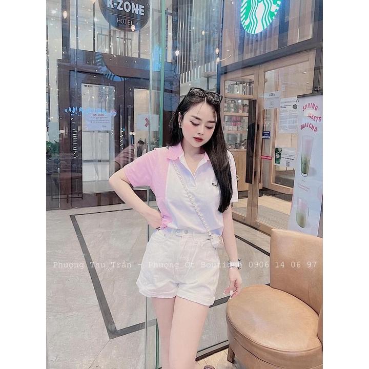 Áo thun có cổ nữ tay ngắn màu trắng phối hồng mặc đi chơi cực xinh PL02 - Vitalia