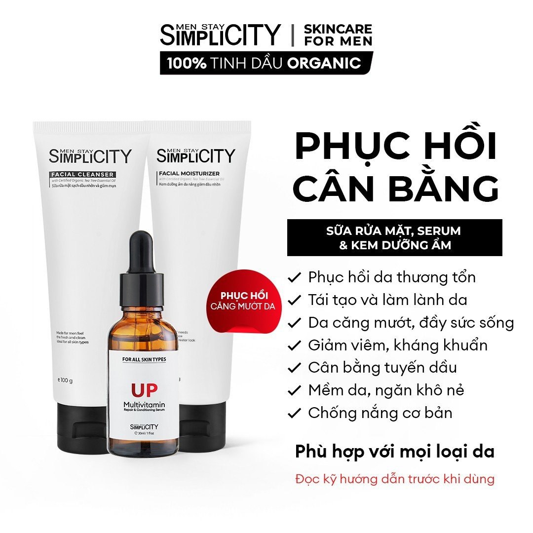 Bộ sản phẩm chăm sóc Men Stay Simplicity phục hồi & cân bằng da cho nam Recovery Trio: 01 Sữa rửa mặt 100g x Seurm 30ml x Kem dưỡng ẩm 80g