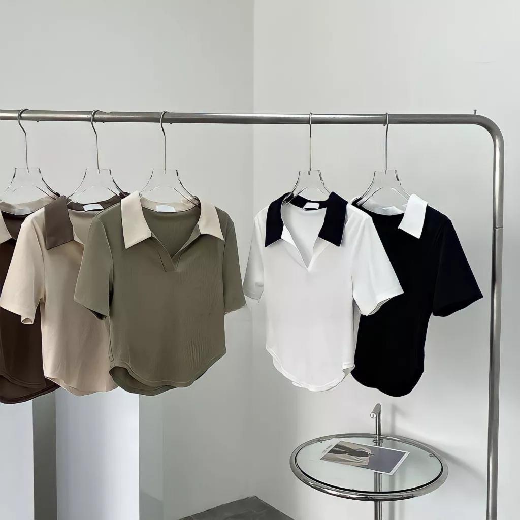 Áo Polo Nữ Cộc Tay Chất Thun Gân Co Dãn 4 Chiều Cổ V