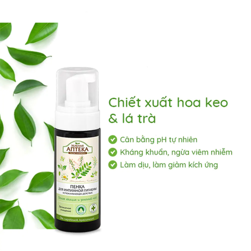 Dung dịch vệ sinh phụ nữ dạng bọt hoa keo trắng và trà xanh Zelenaya Apteka 150ml