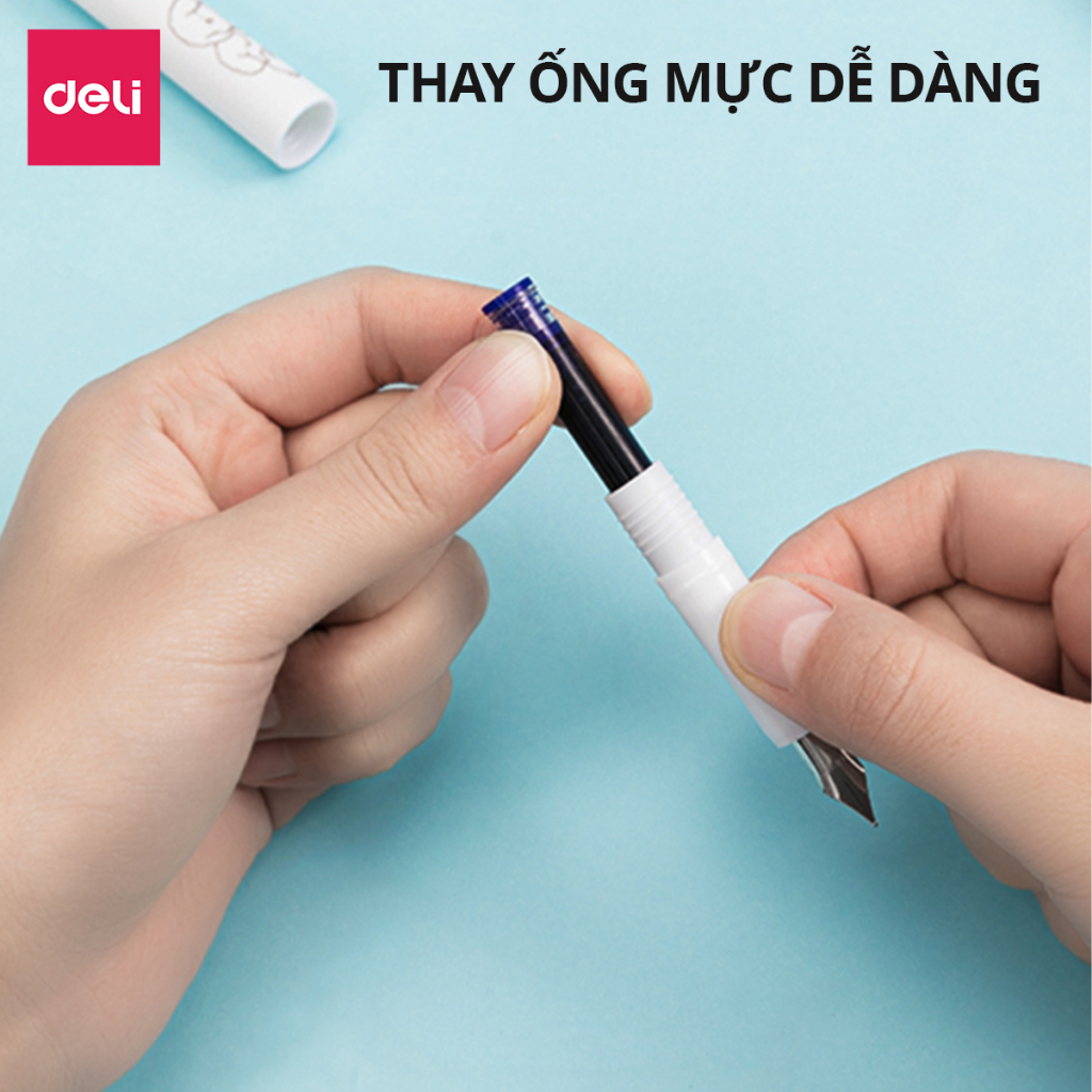 Bộ bút máy học sinh kèm ống mực xanh cao cấp tẩy được Deli, bút luyện viết chữ đẹp, họa tiết dễ thương có bút tẩy mực