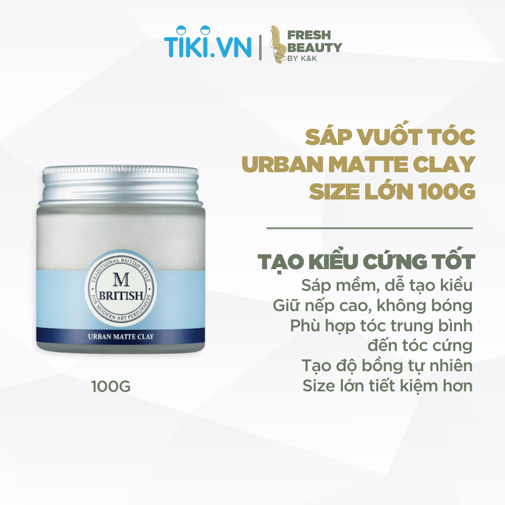 Sáp vuốt tóc nam nữ BRITISH M Urban Matte Clay tạo kiểu linh hoạt giữ nếp cứng tốt, không bóng 100g