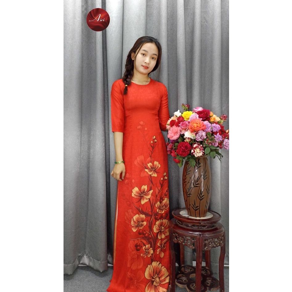 Áo dài đỏ lụa Đông Hưng vân nổi cao cấp, họa tiết hoa - Áo Dài Airi