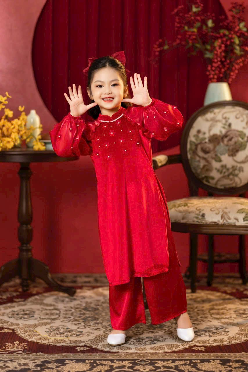 Áo dài cách tân bé gái, Set áo dài tết cho bé 1-10 tuổi đính hoa tay voan hàng thiết kế điệu đà thời trang