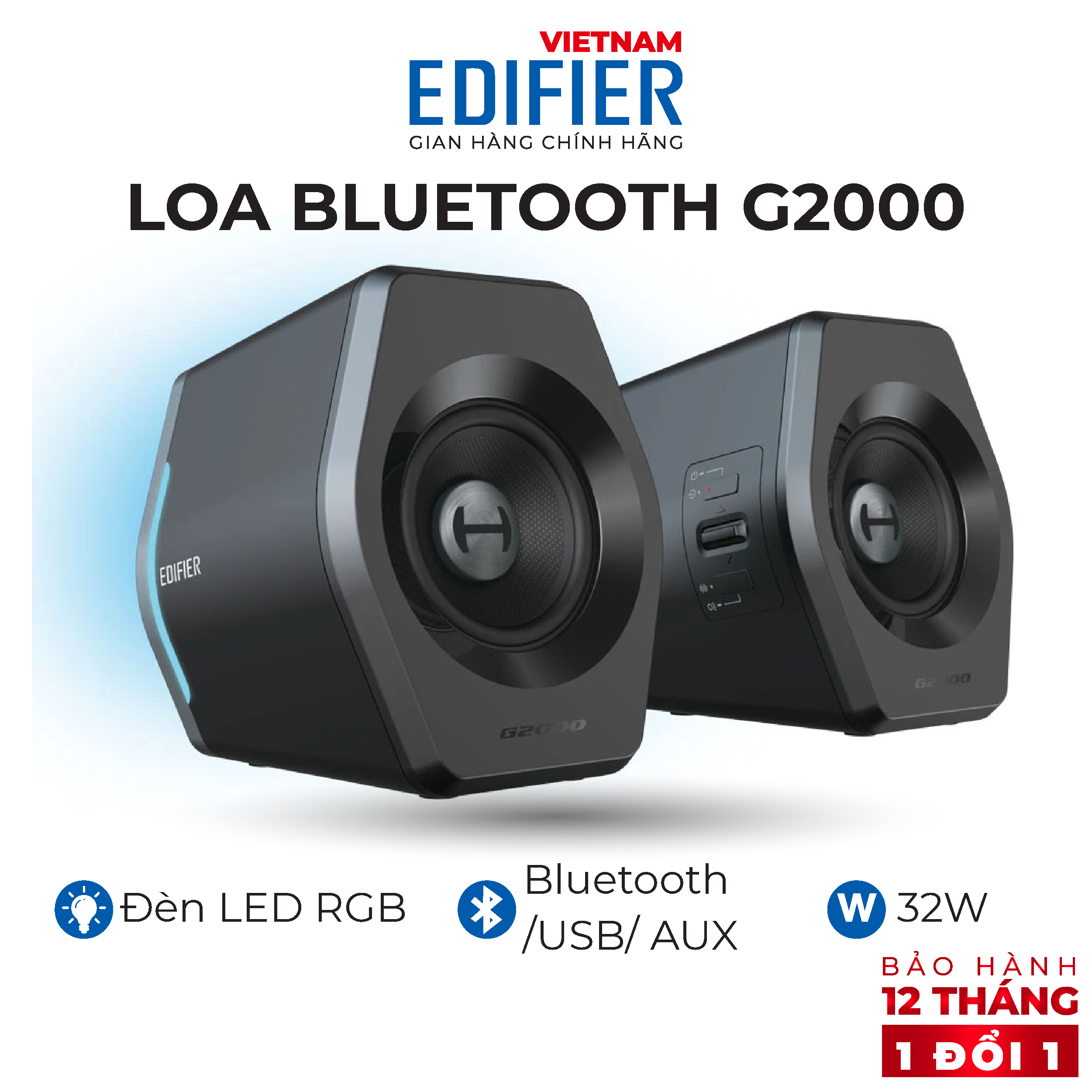 Loa máy tính Bluetooth EDIFIER G2000 Đèn led RGB - Công suất 32W Kèm cổng kết nối USB/ AUX - Hàng chính hãng